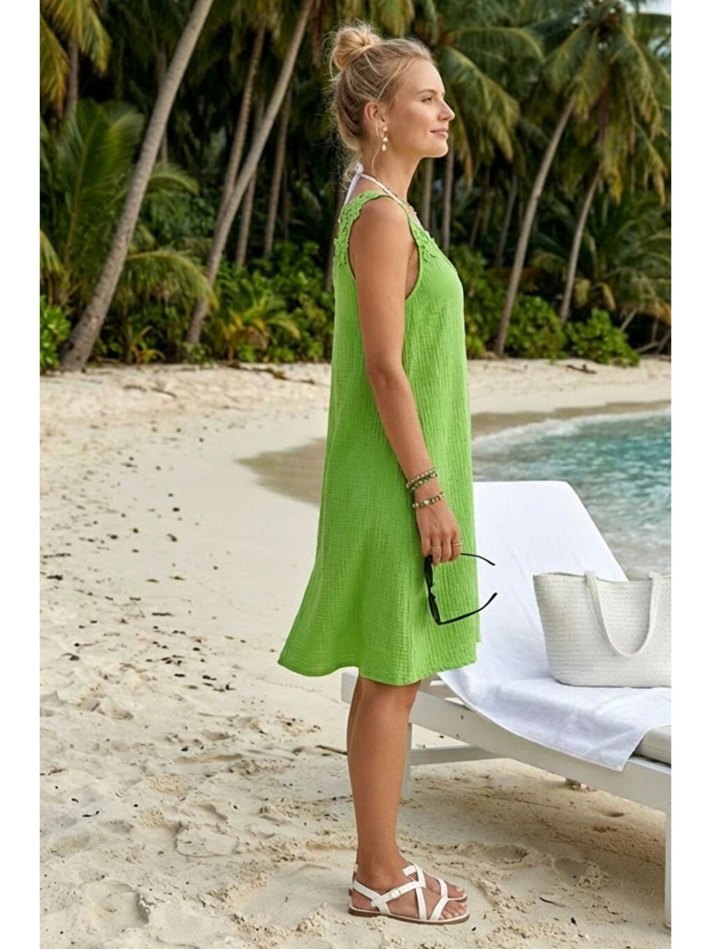 Fıstık Yeşili Havuz Yaka Kolsuz Dantelli Omuz Casual Müslin Dokuma Elbise 95 63-3
