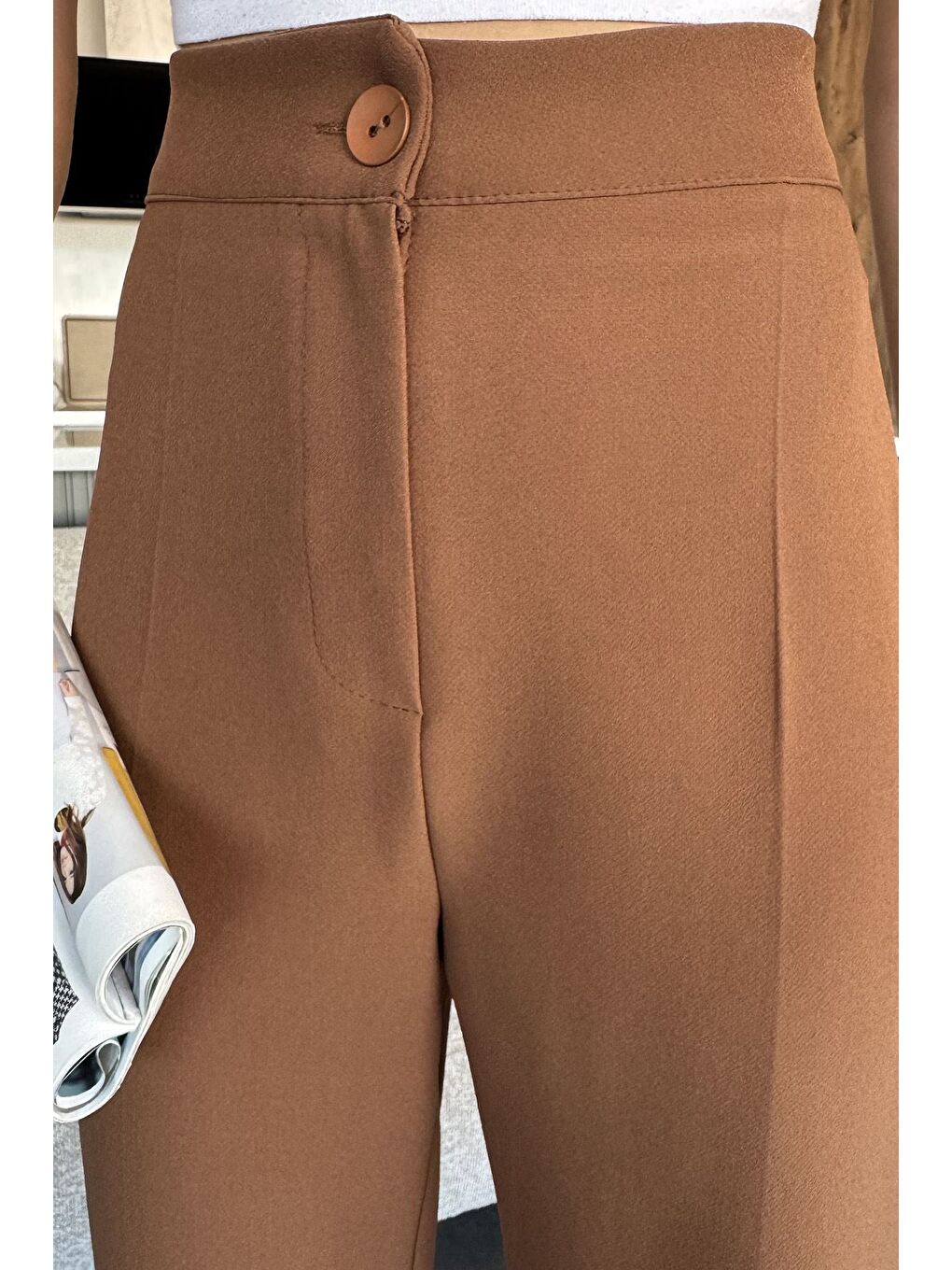 Kahverengi Kadın Bol Paça Kumaş Pantolon-3