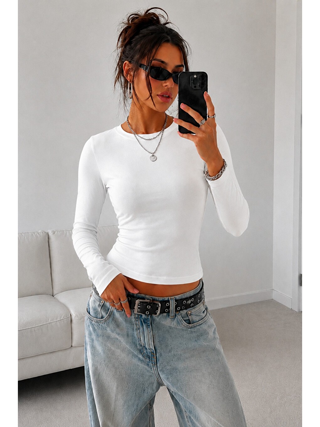 Beyaz Kadın Dar/slim Uzun Kollu Basic Bisiklet Yaka Crop Bluz – Esnek Pamuklu Süprem Kumaş