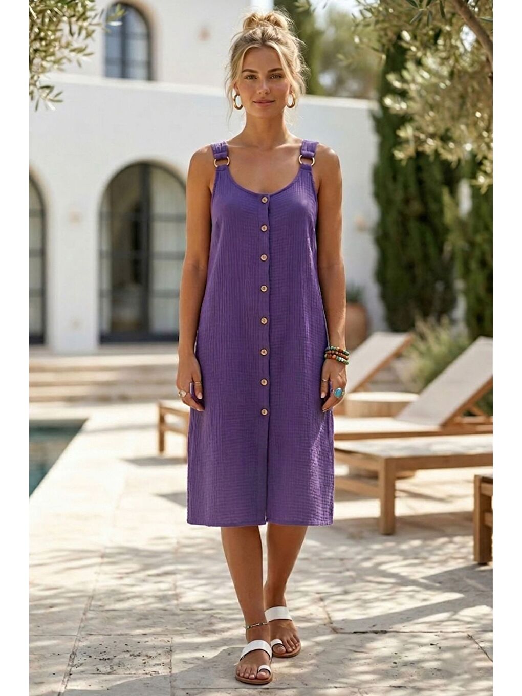Mor Askılı Düğmeli Cepsiz Metal Halkalı Casual Müslin Dokuma Elbise 102 55