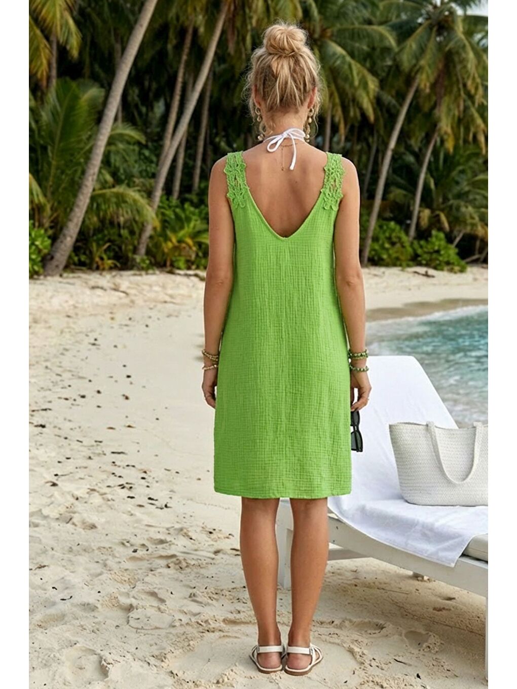 Fıstık Yeşili Havuz Yaka Kolsuz Dantelli Omuz Casual Müslin Dokuma Elbise 95 63-5