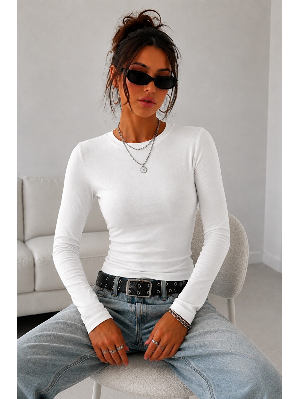 Beyaz Kadın Dar/slim Uzun Kollu Basic Bisiklet Yaka Crop Bluz – Esnek Pamuklu Süprem Kumaş-1