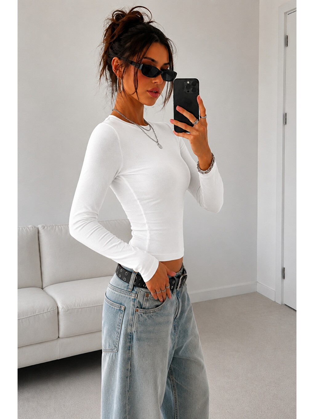 Beyaz Kadın Dar/slim Uzun Kollu Basic Bisiklet Yaka Crop Bluz – Esnek Pamuklu Süprem Kumaş-2