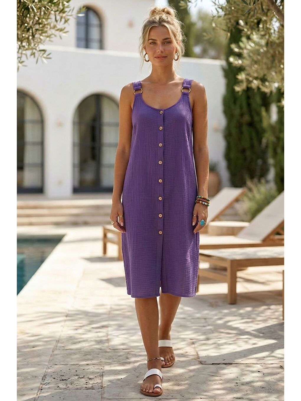 Mor Askılı Düğmeli Cepsiz Metal Halkalı Casual Müslin Dokuma Elbise 102 55-1