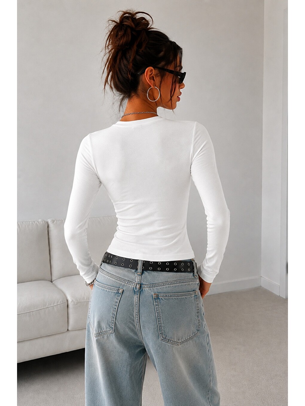 Beyaz Kadın Dar/slim Uzun Kollu Basic Bisiklet Yaka Crop Bluz – Esnek Pamuklu Süprem Kumaş-3
