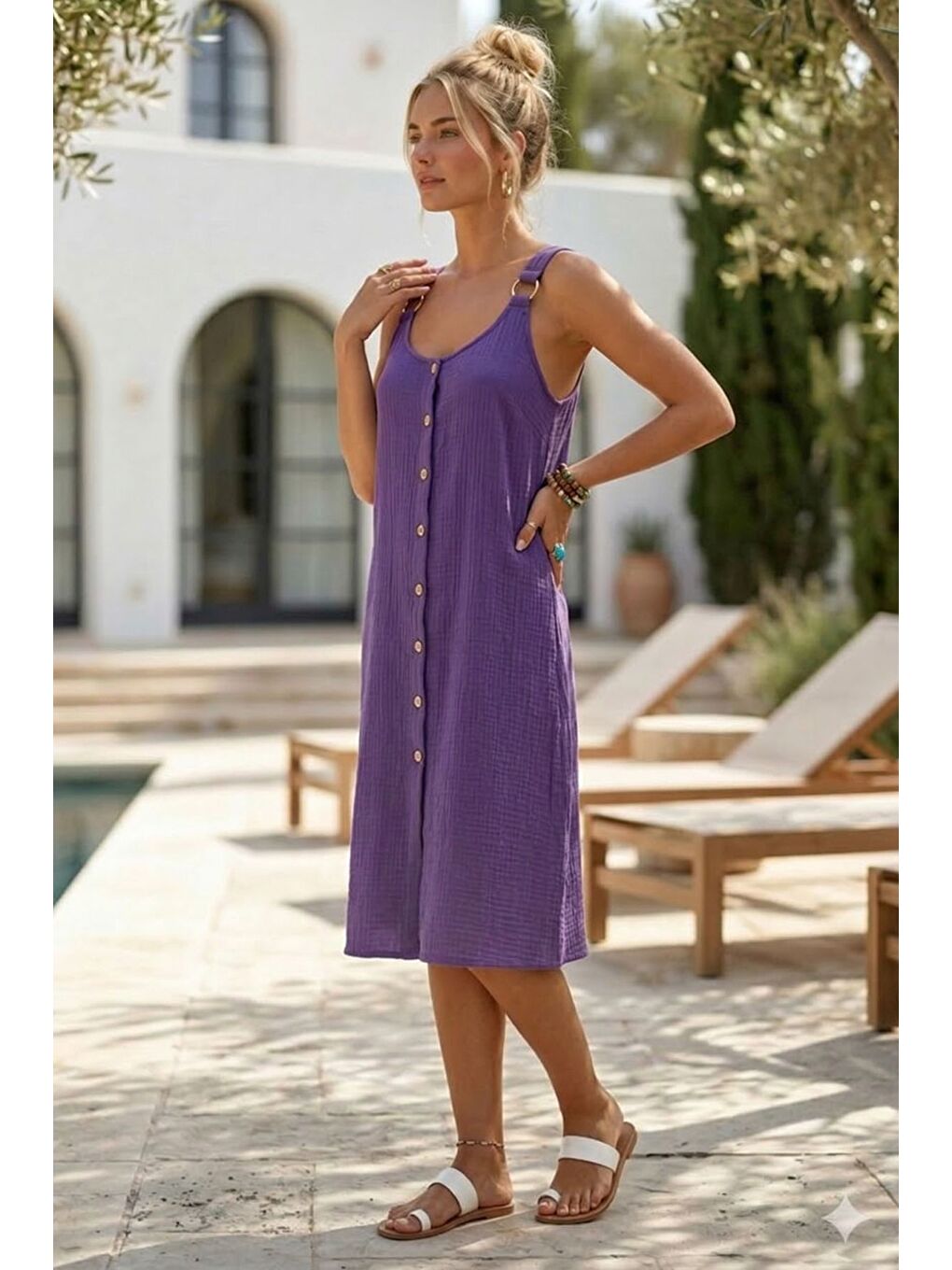 Mor Askılı Düğmeli Cepsiz Metal Halkalı Casual Müslin Dokuma Elbise 102 55-2