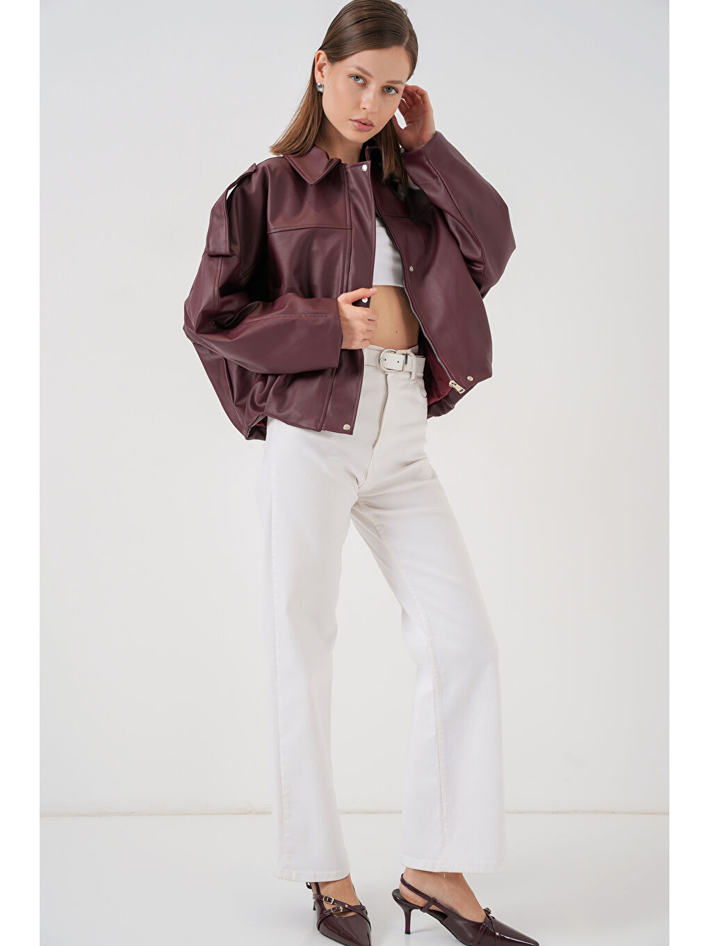 Kadın Oversize Deri Ceket 1055 - Bordo-1
