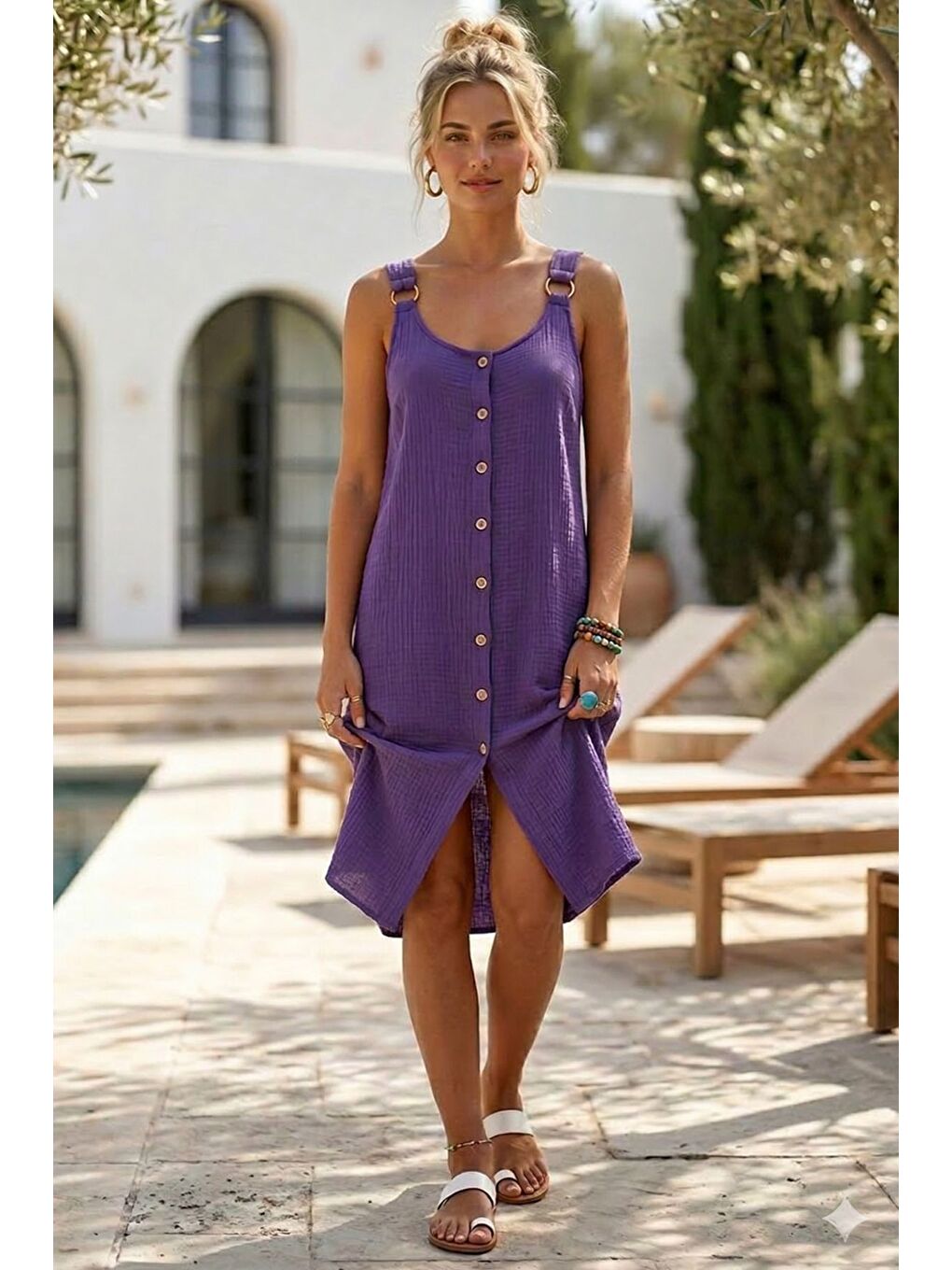 Mor Askılı Düğmeli Cepsiz Metal Halkalı Casual Müslin Dokuma Elbise 102 55-3