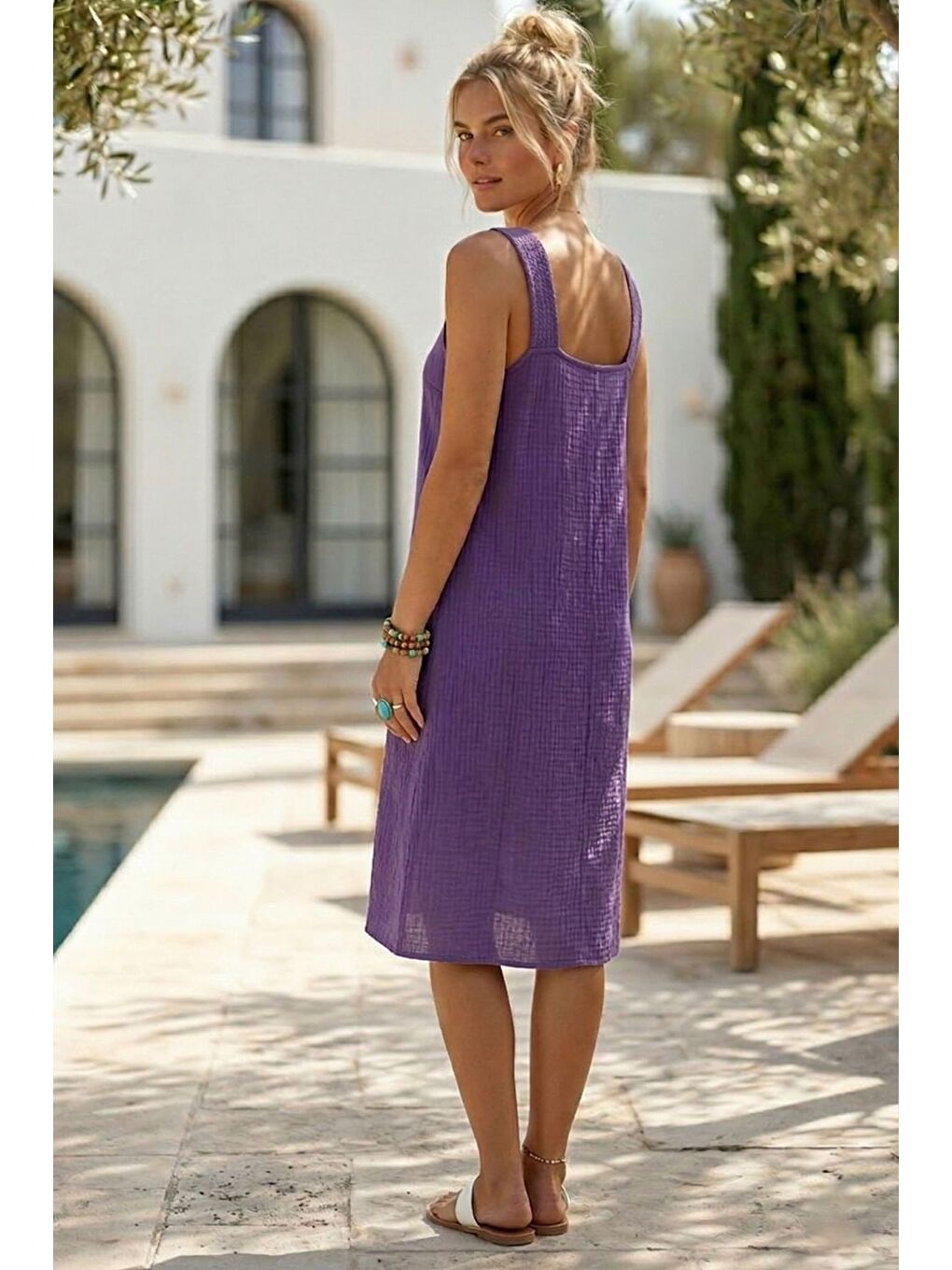 Mor Askılı Düğmeli Cepsiz Metal Halkalı Casual Müslin Dokuma Elbise 102 55-5