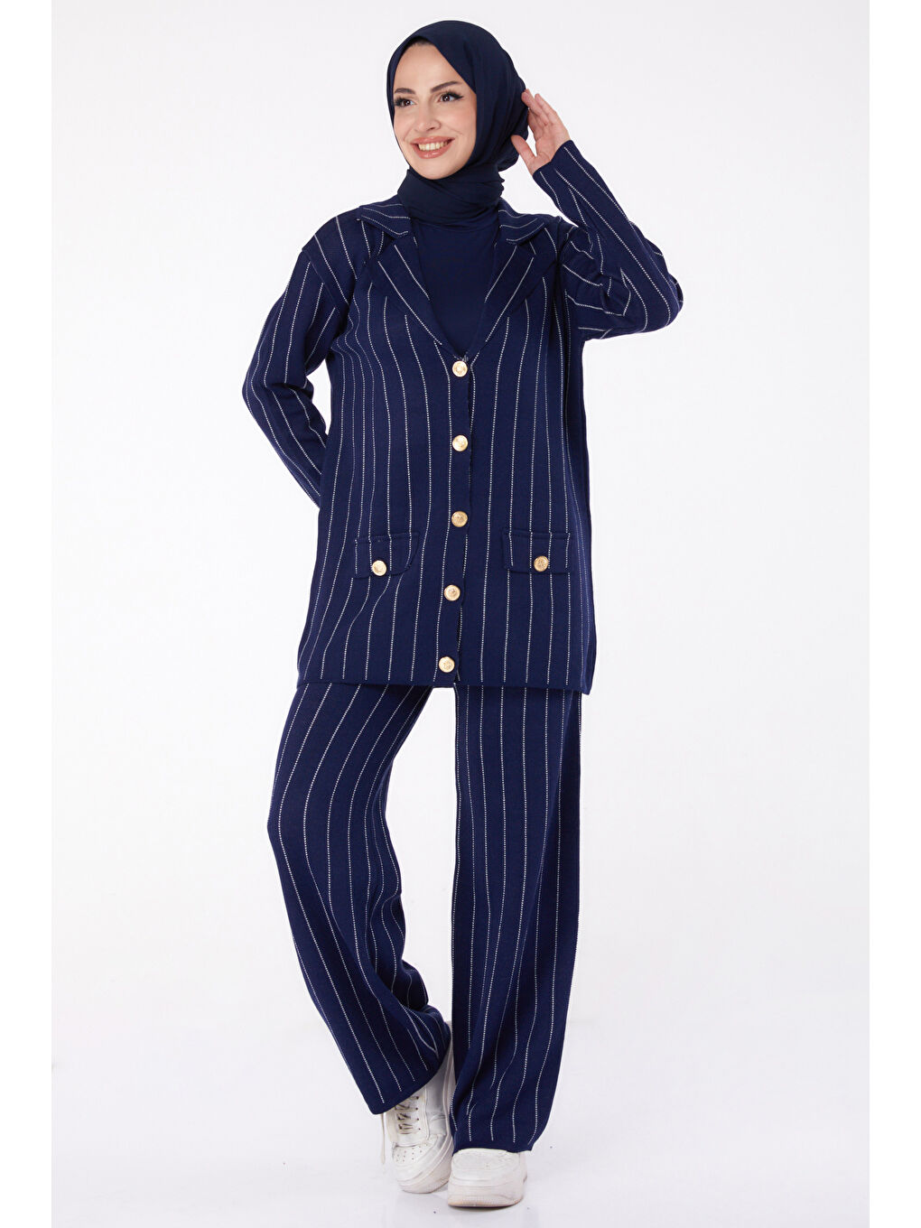 Düğmeli Çizgili Triko İkili Takım Lacivert - 27666