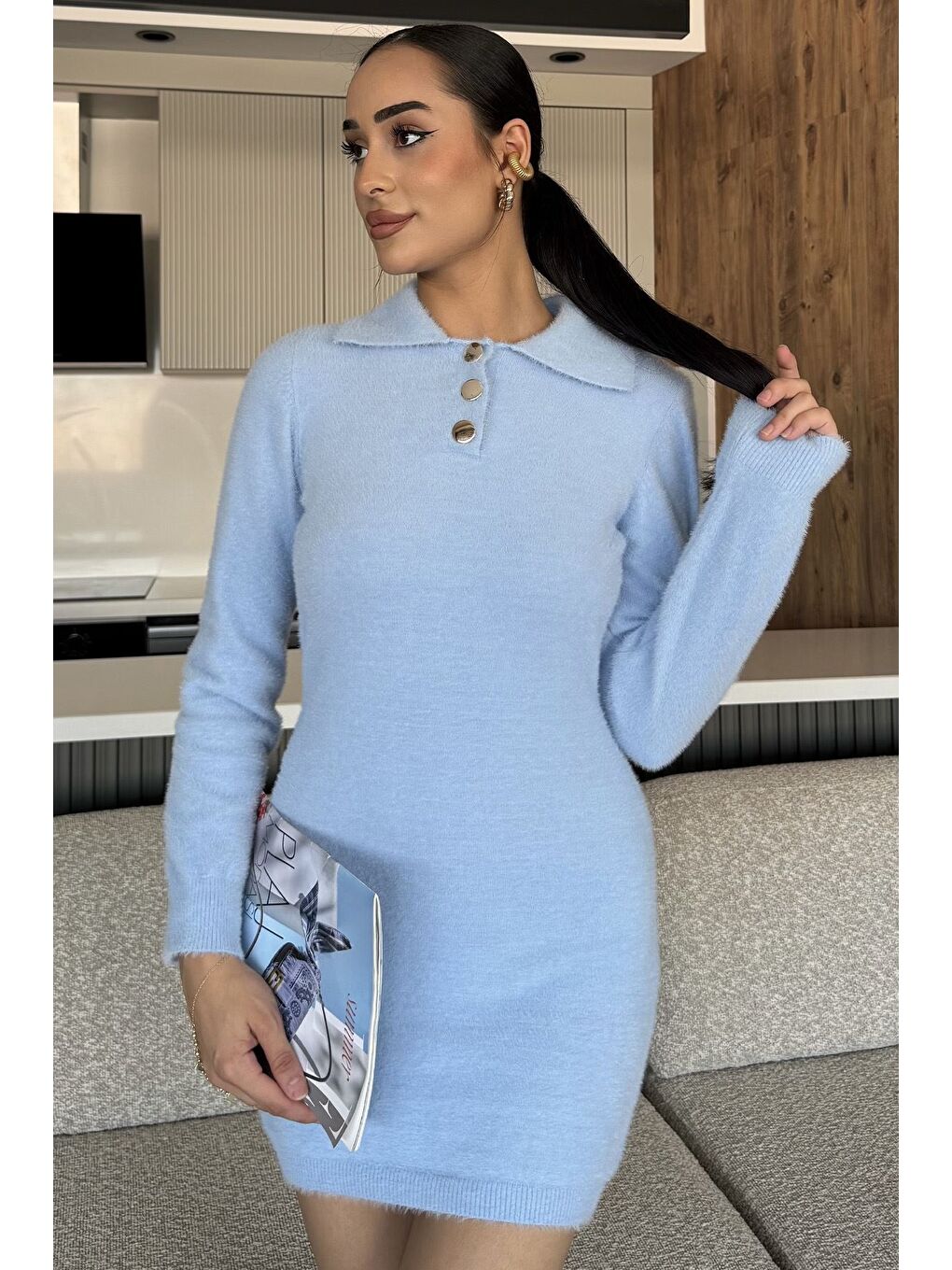 Mavi Kadın Polo Yaka Yumoş İplik Triko Mini Elbise (s-m-l Uyumludur)