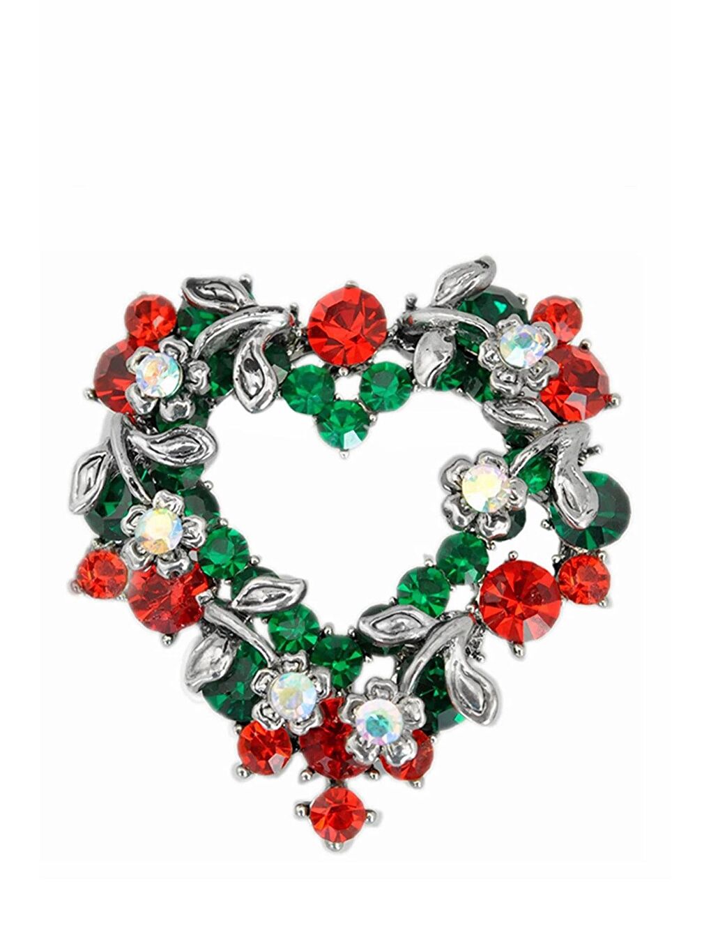 Gri Yılbaşı Gümüş Kaplama Kristal Taşlı Kalp Broş-1