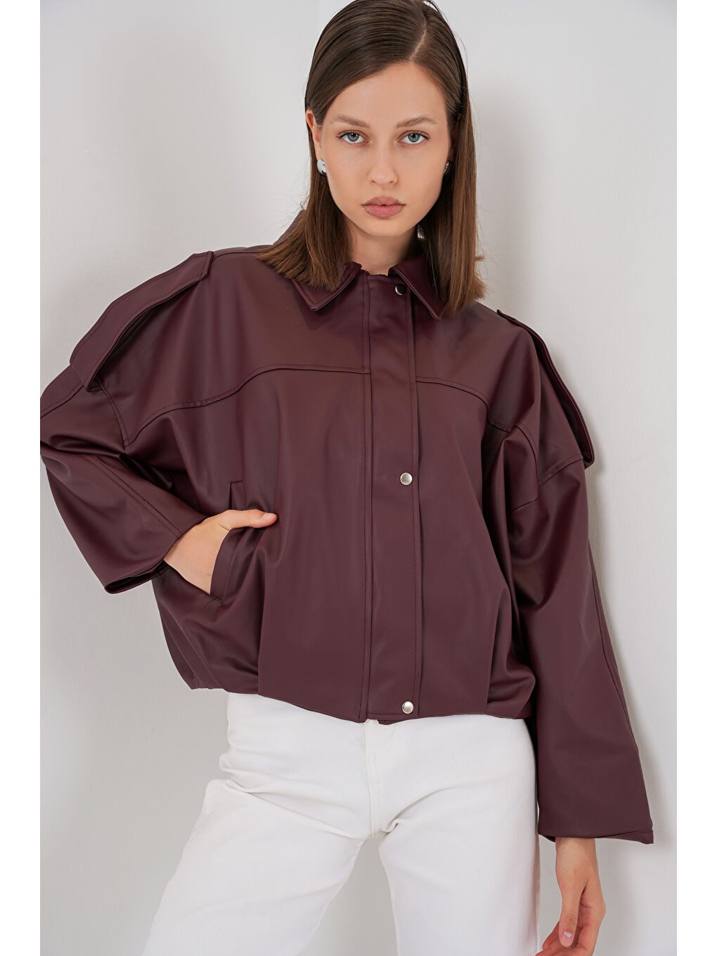 Kadın Oversize Deri Ceket 1055 - Bordo-2
