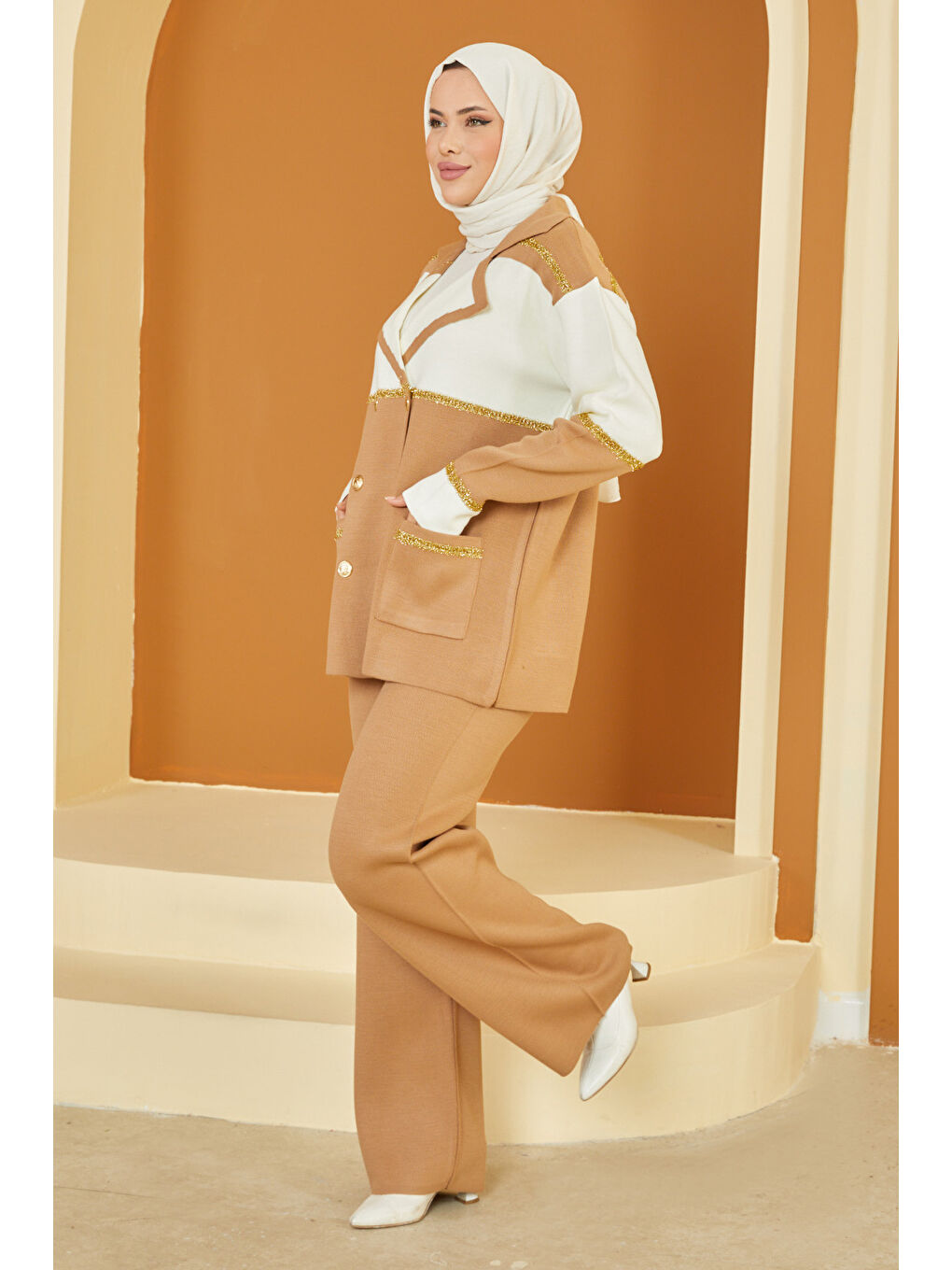 Kahverengi Sim Şeritli Detaylı Triko Takım Sütlü Kahve - 27655-2