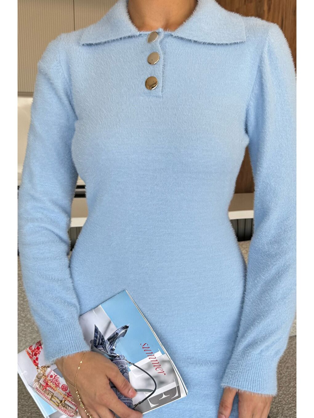 Mavi Kadın Polo Yaka Yumoş İplik Triko Mini Elbise (s-m-l Uyumludur)-1