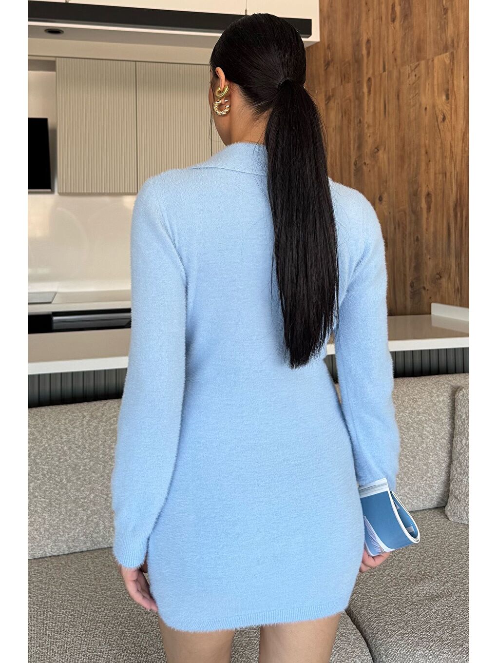 Mavi Kadın Polo Yaka Yumoş İplik Triko Mini Elbise (s-m-l Uyumludur)-2