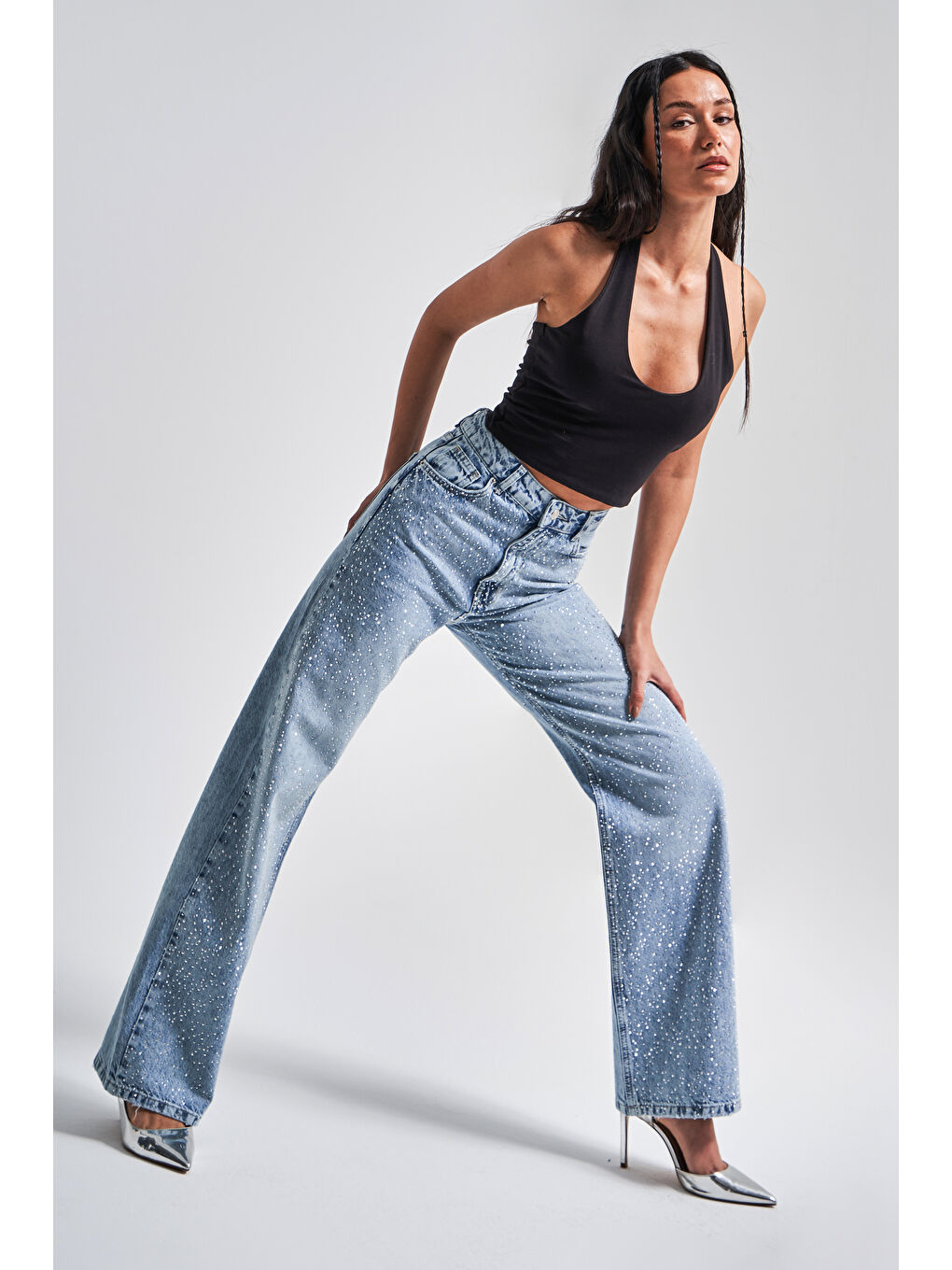 Mavi Kadın Jean Reng 4s5-24 Straight Fit Yüksek Bel Önü Parlak Taşlı %100 Pamuk Tasarım Denim Jean-1