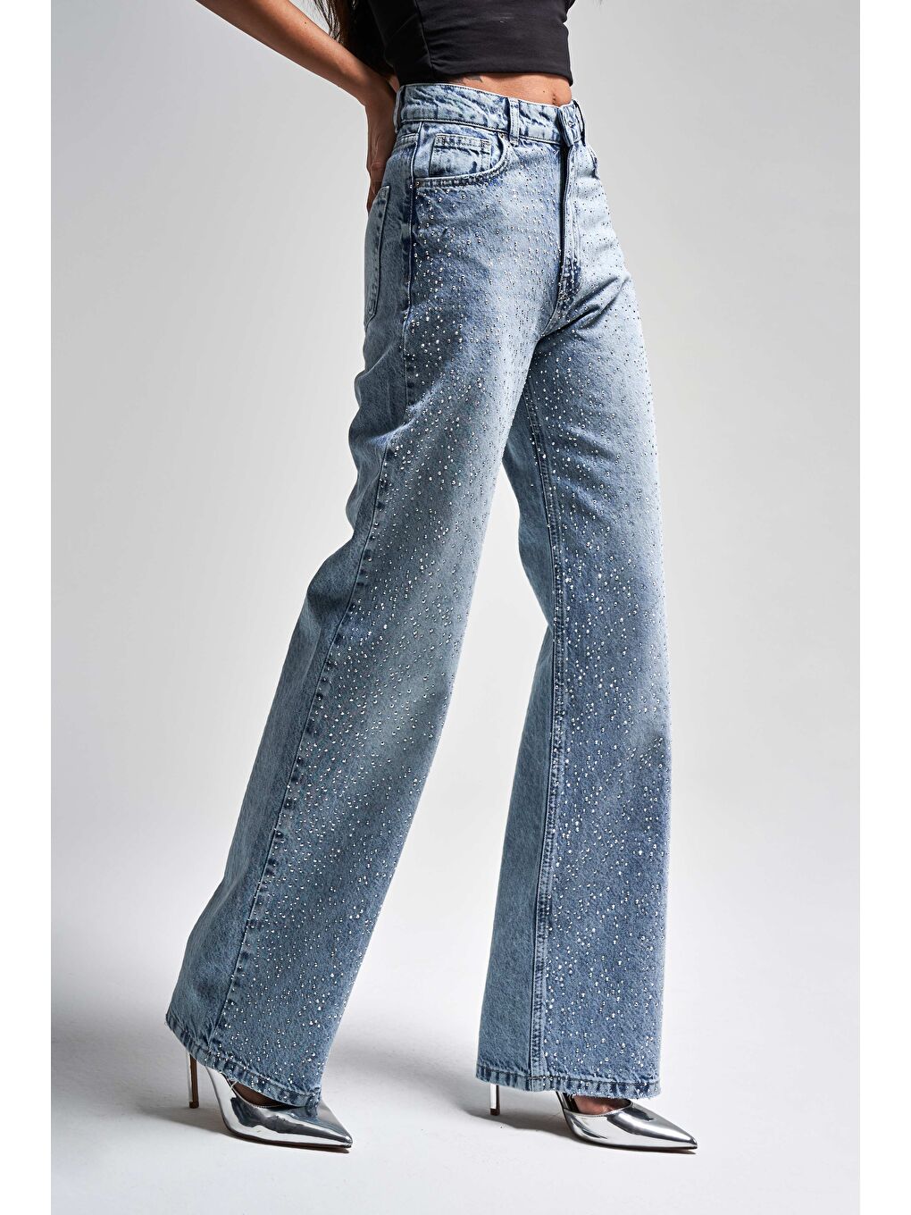 Mavi Kadın Jean Reng 4s5-24 Straight Fit Yüksek Bel Önü Parlak Taşlı %100 Pamuk Tasarım Denim Jean-2
