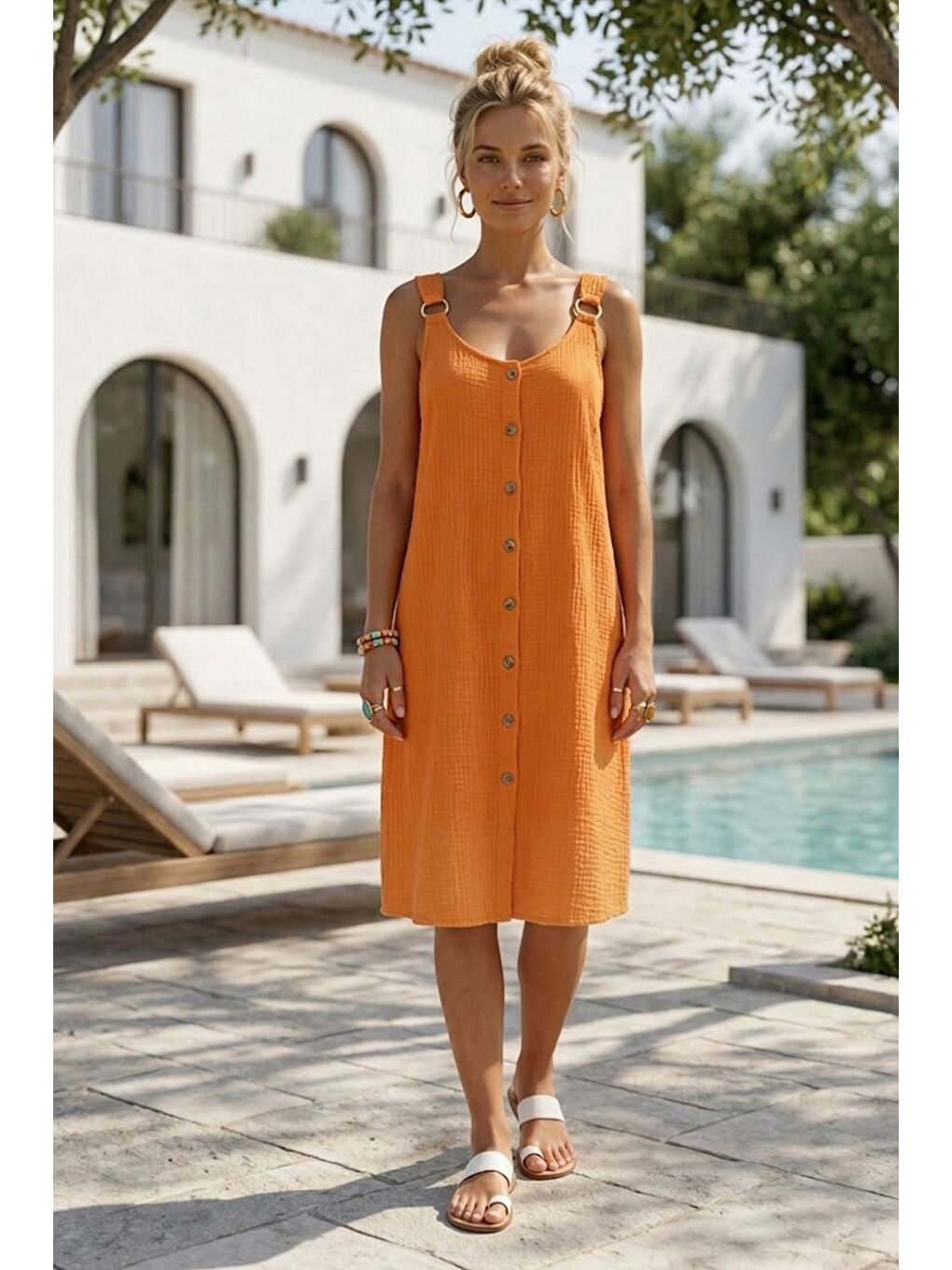 Turuncu Askılı Düğmeli Cepsiz Metal Halkalı Casual Müslin Dokuma Elbise 102 55-1