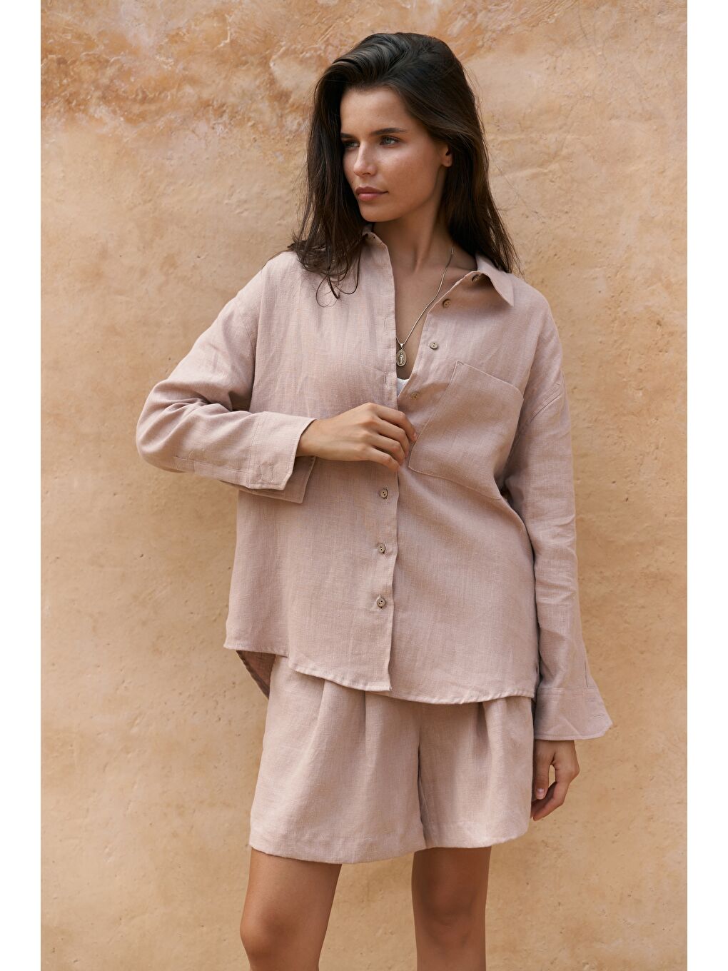 Bej Gaelil Oversize Vizon Keten Gömlek Şort Takım-4