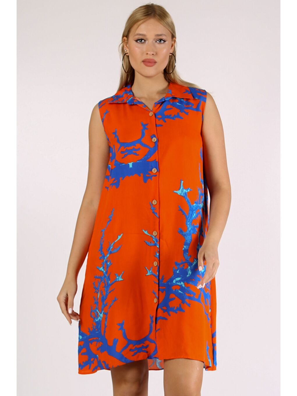 İtalyan Turuncu Gömlek Yaka Kolsuz Desenli Düğmeli Cepli Dokuma Elbise-2