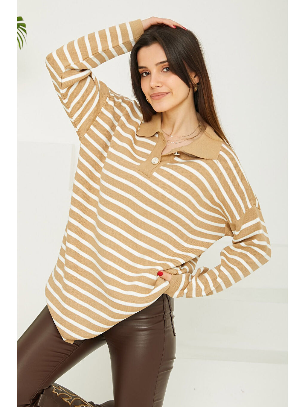 Kahverengi Çift Düğmeli Çizgili Triko Kazak Sütlü Kahve - 27628-3