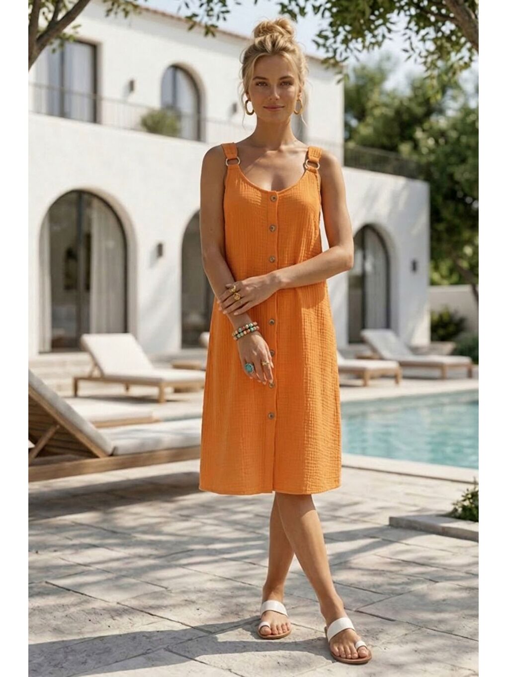 Turuncu Askılı Düğmeli Cepsiz Metal Halkalı Casual Müslin Dokuma Elbise 102 55-2