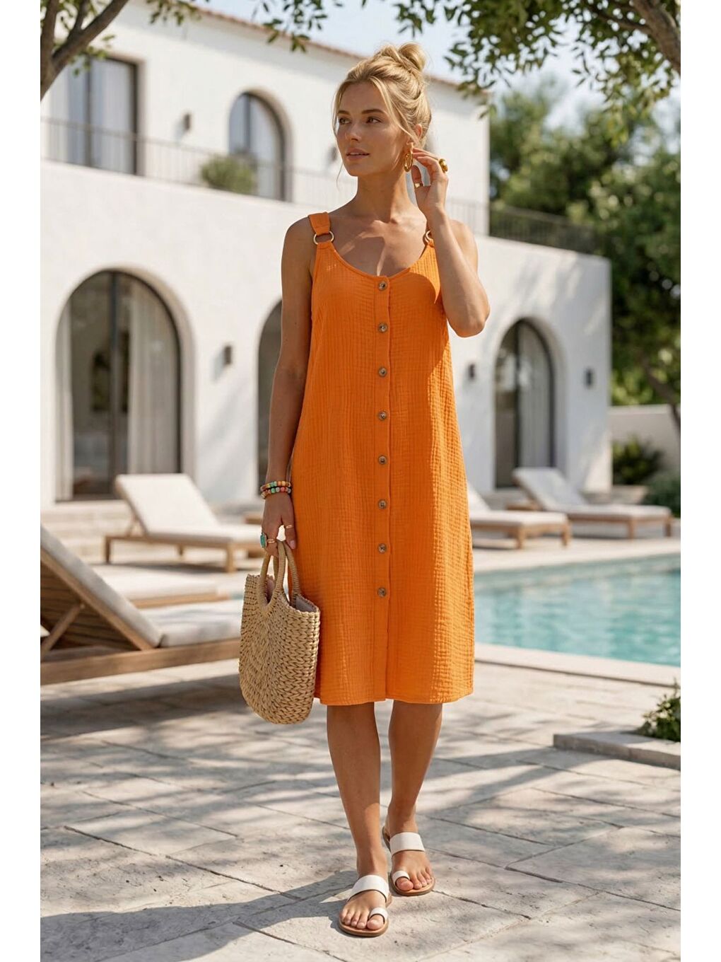 Turuncu Askılı Düğmeli Cepsiz Metal Halkalı Casual Müslin Dokuma Elbise 102 55-3