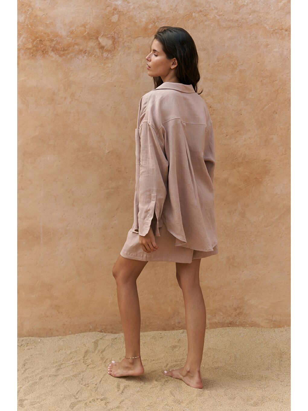 Bej Gaelil Oversize Vizon Keten Gömlek Şort Takım-2