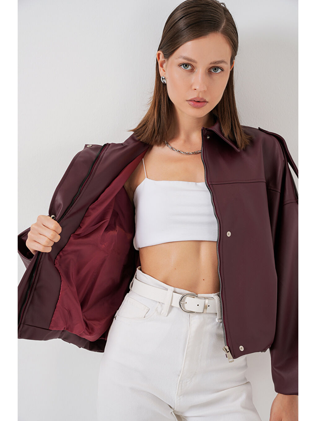 Kadın Oversize Deri Ceket 1055 - Bordo-3