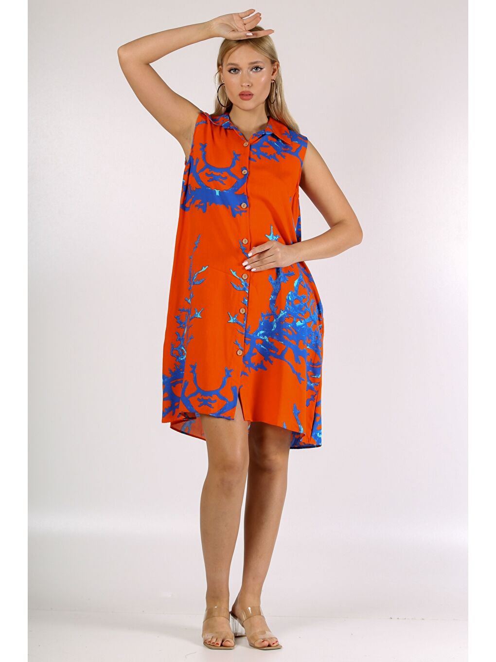İtalyan Turuncu Gömlek Yaka Kolsuz Desenli Düğmeli Cepli Dokuma Elbise-3