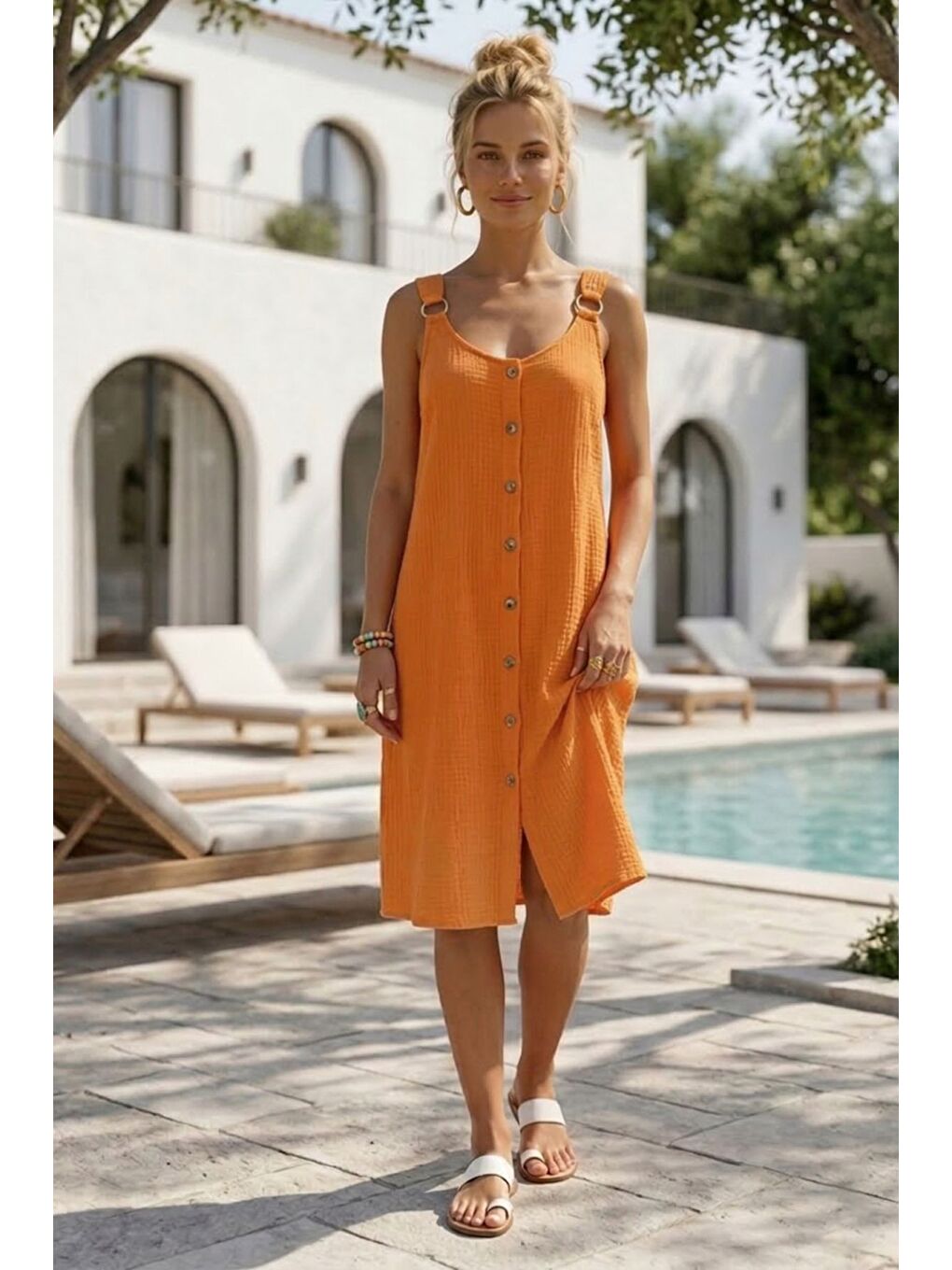 Turuncu Askılı Düğmeli Cepsiz Metal Halkalı Casual Müslin Dokuma Elbise 102 55-4