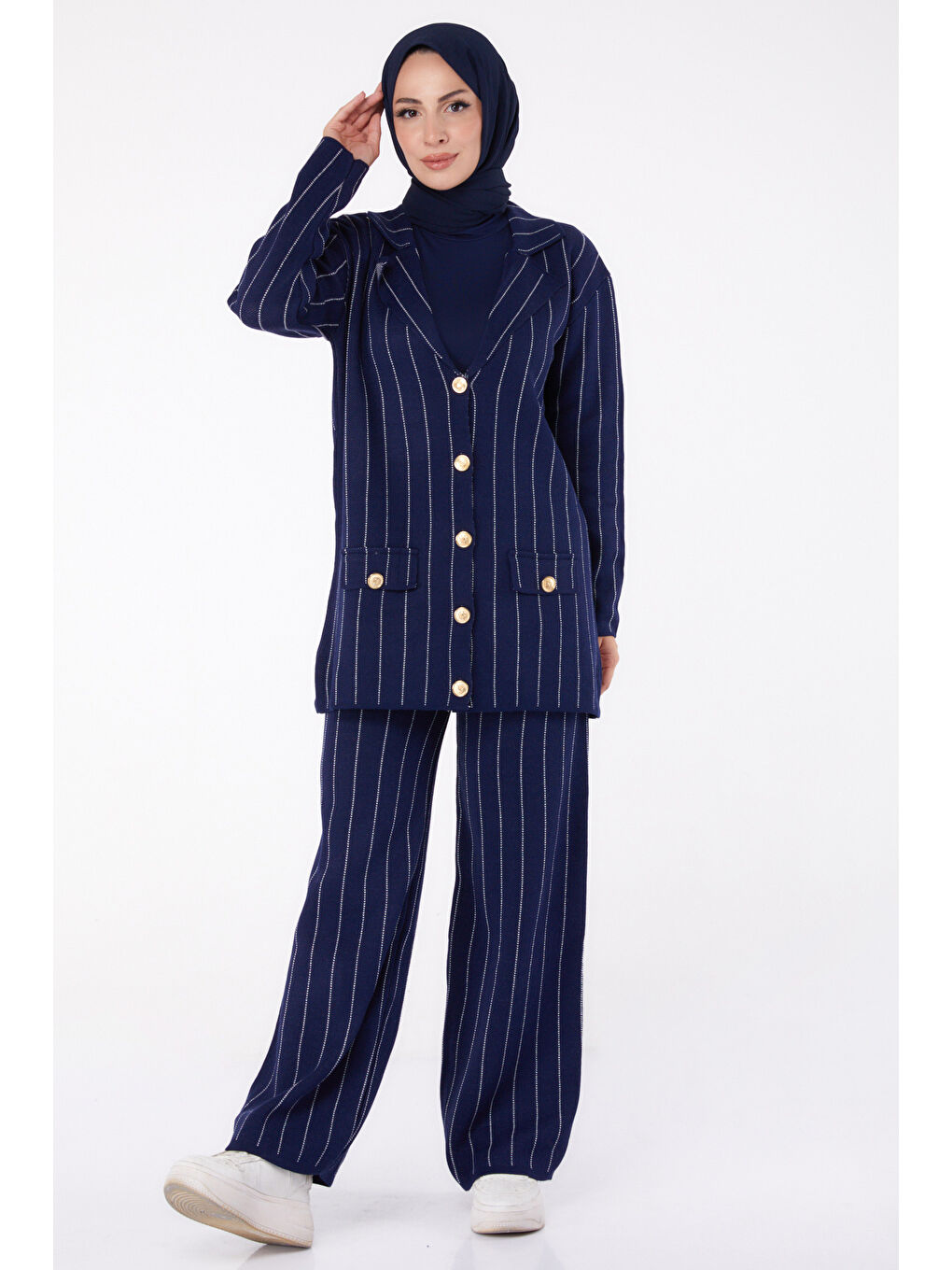 Düğmeli Çizgili Triko İkili Takım Lacivert - 27666-1