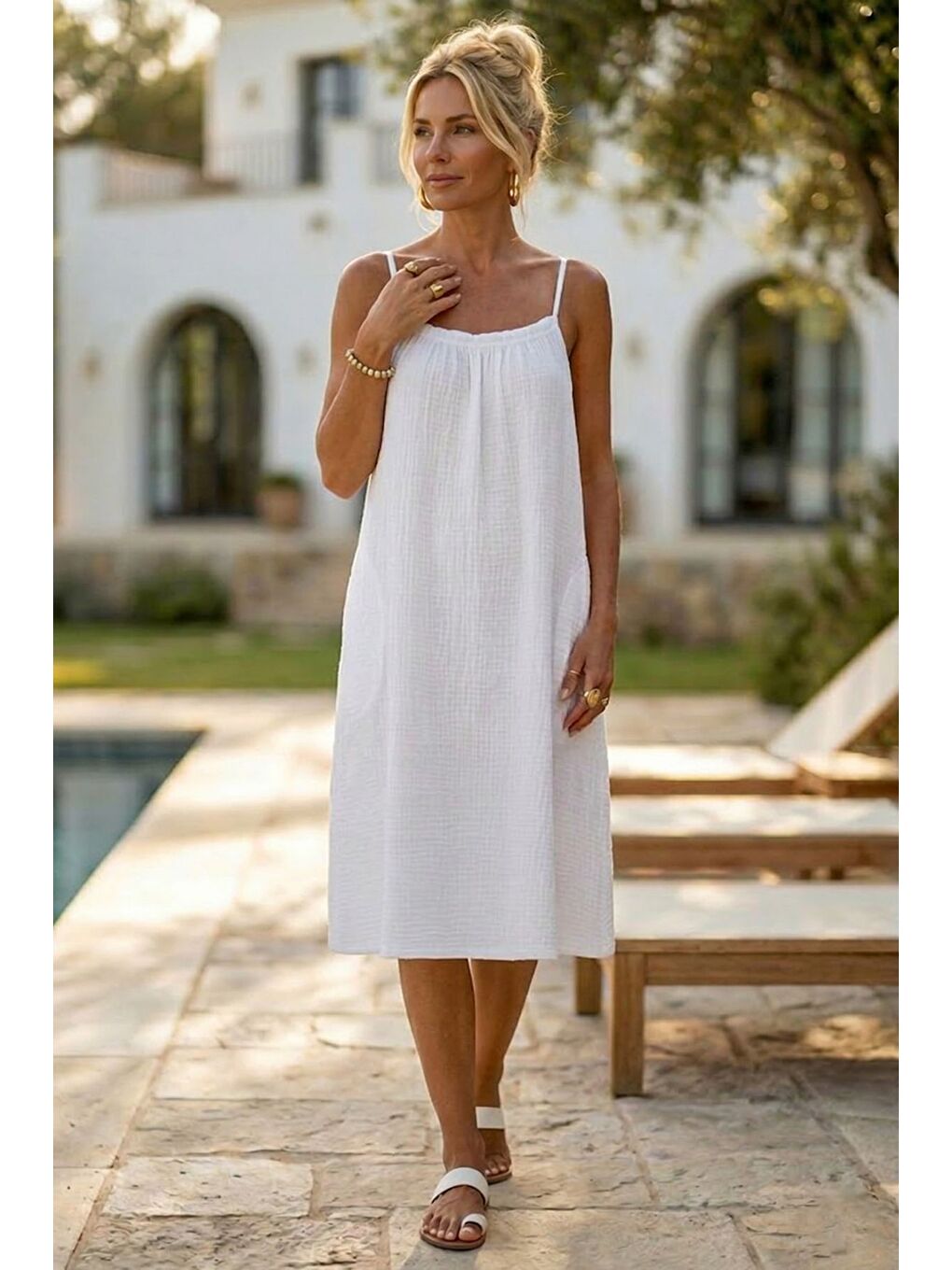 Beyaz Askılı Gizli Cepli Ayarlanabilir Askılı Casual Müslin Dokuma Elbise 105 55-3