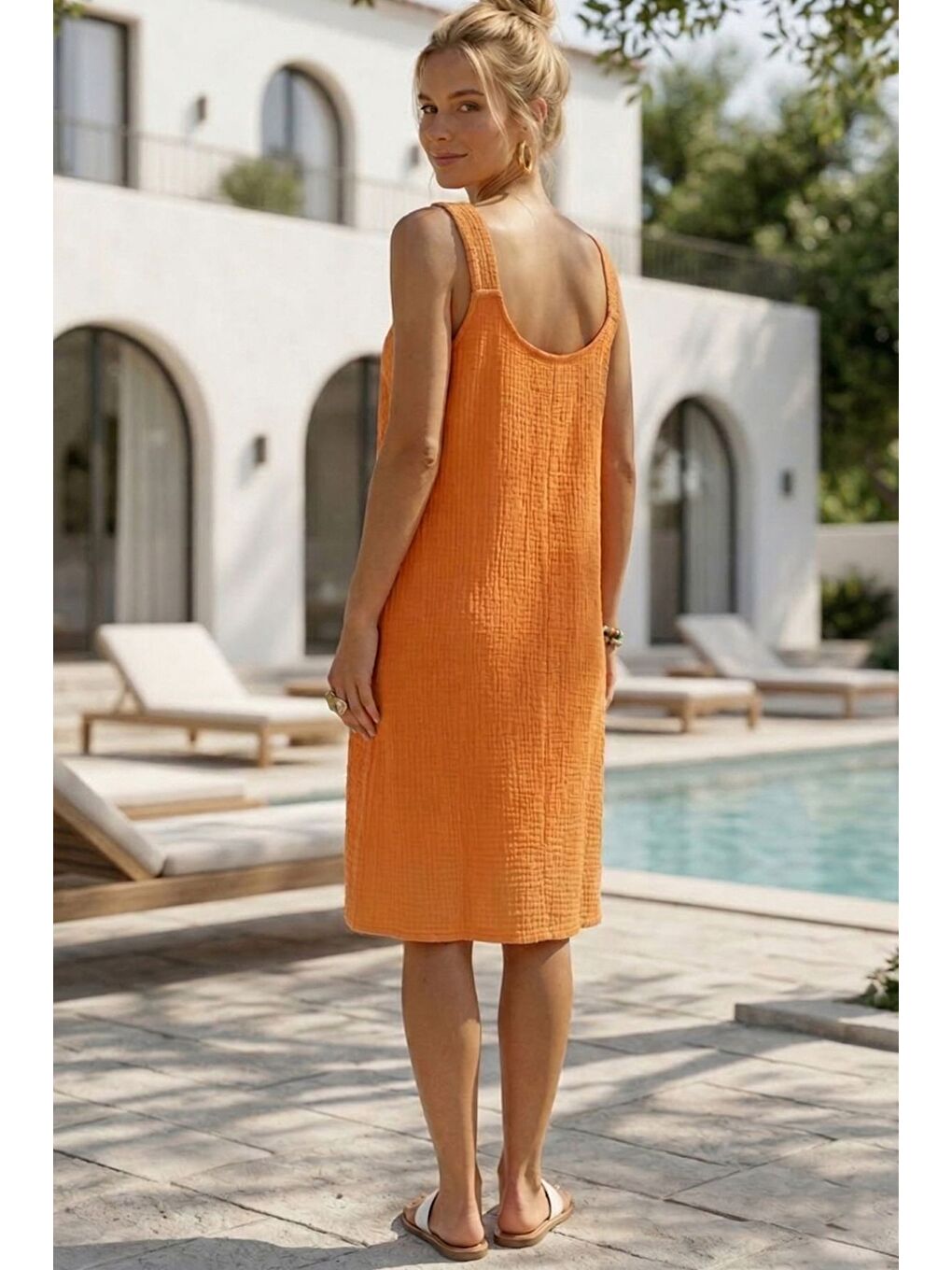 Turuncu Askılı Düğmeli Cepsiz Metal Halkalı Casual Müslin Dokuma Elbise 102 55-5