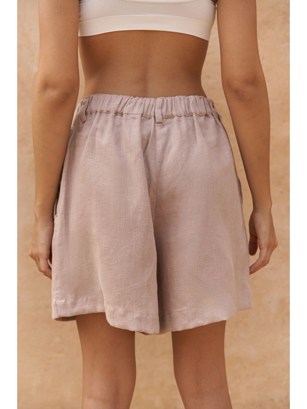 Bej Gaelil Oversize Vizon Keten Gömlek Şort Takım-5