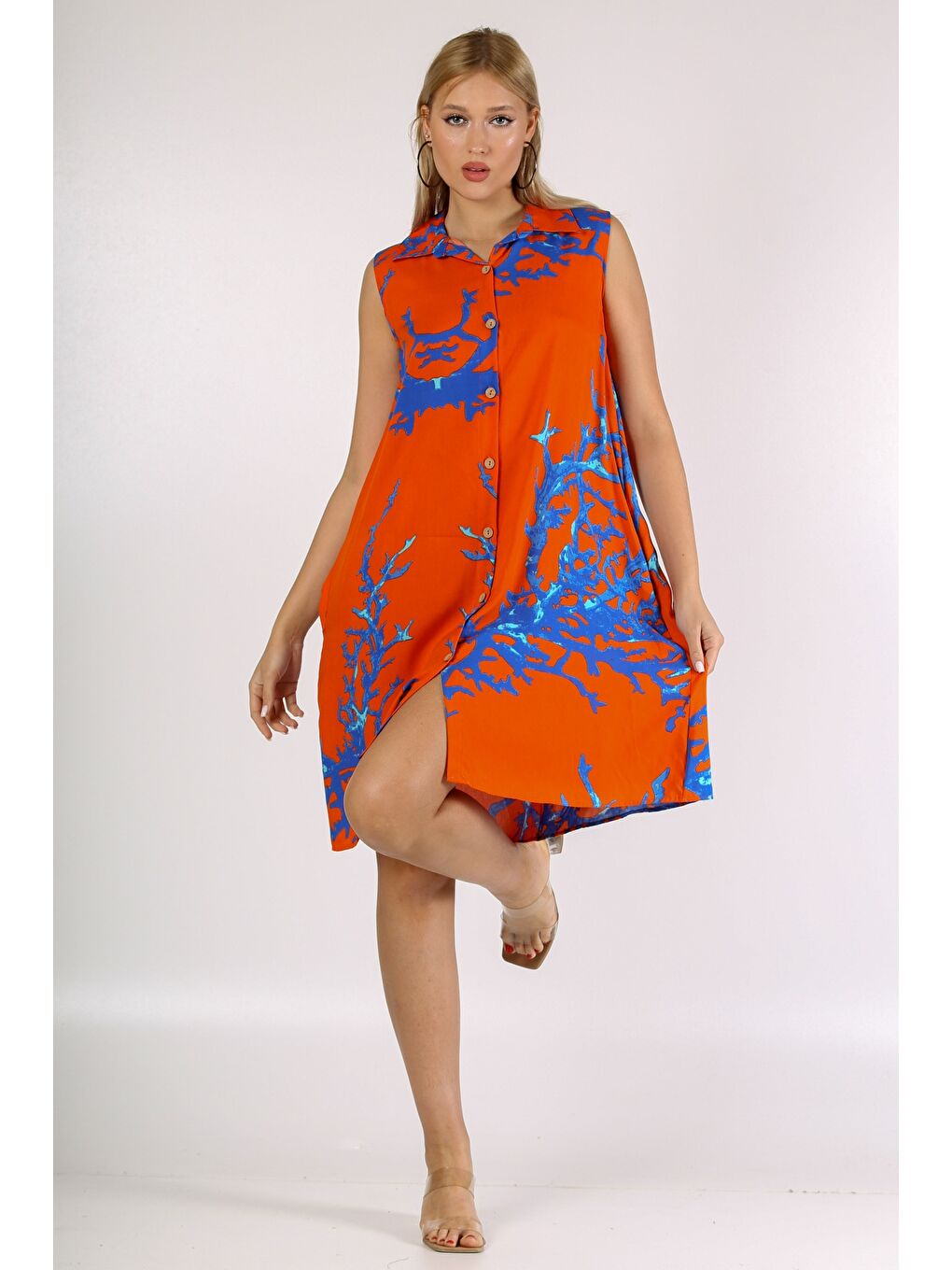 İtalyan Turuncu Gömlek Yaka Kolsuz Desenli Düğmeli Cepli Dokuma Elbise-4