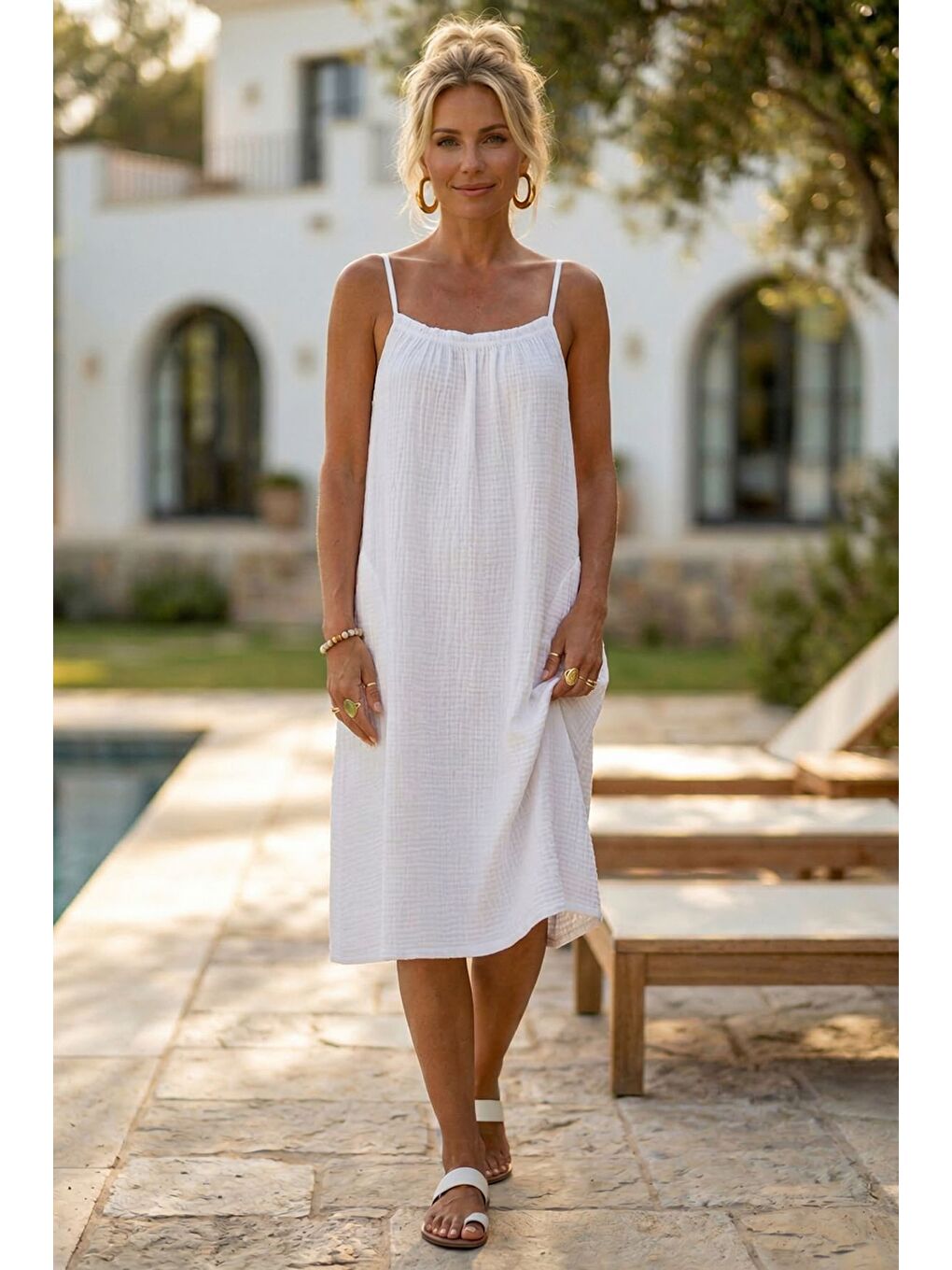 Beyaz Askılı Gizli Cepli Ayarlanabilir Askılı Casual Müslin Dokuma Elbise 105 55-4