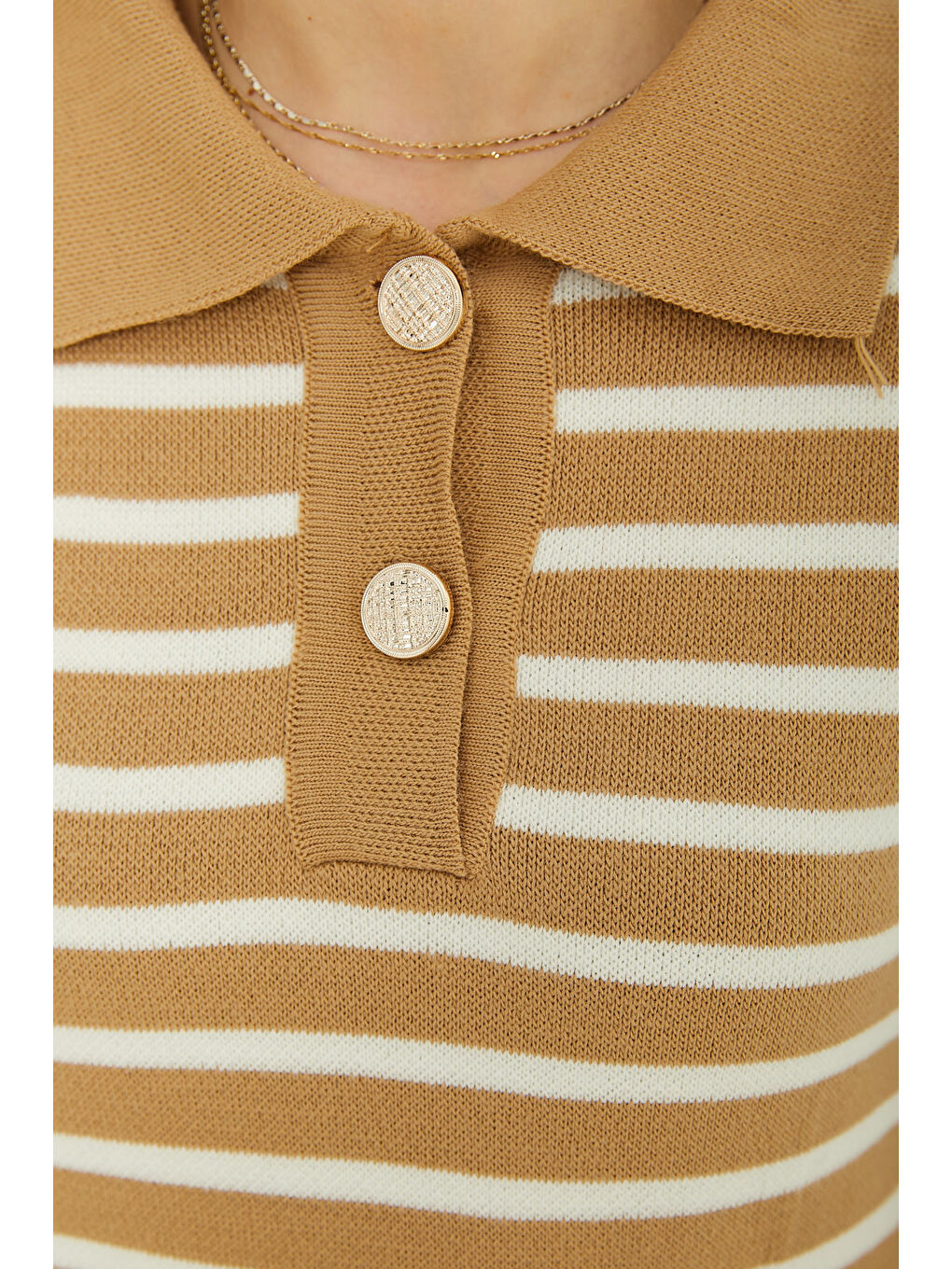Kahverengi Çift Düğmeli Çizgili Triko Kazak Sütlü Kahve - 27628-4