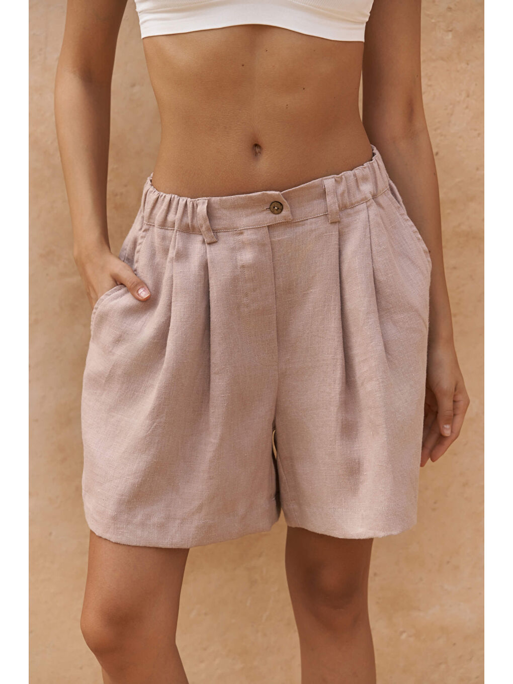 Bej Gaelil Oversize Vizon Keten Gömlek Şort Takım-6