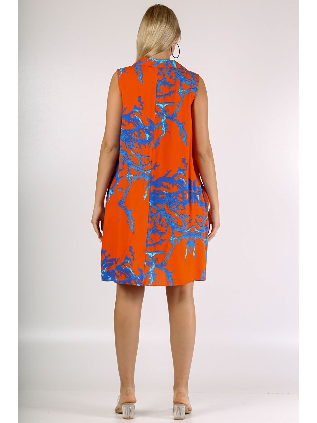 İtalyan Turuncu Gömlek Yaka Kolsuz Desenli Düğmeli Cepli Dokuma Elbise-5