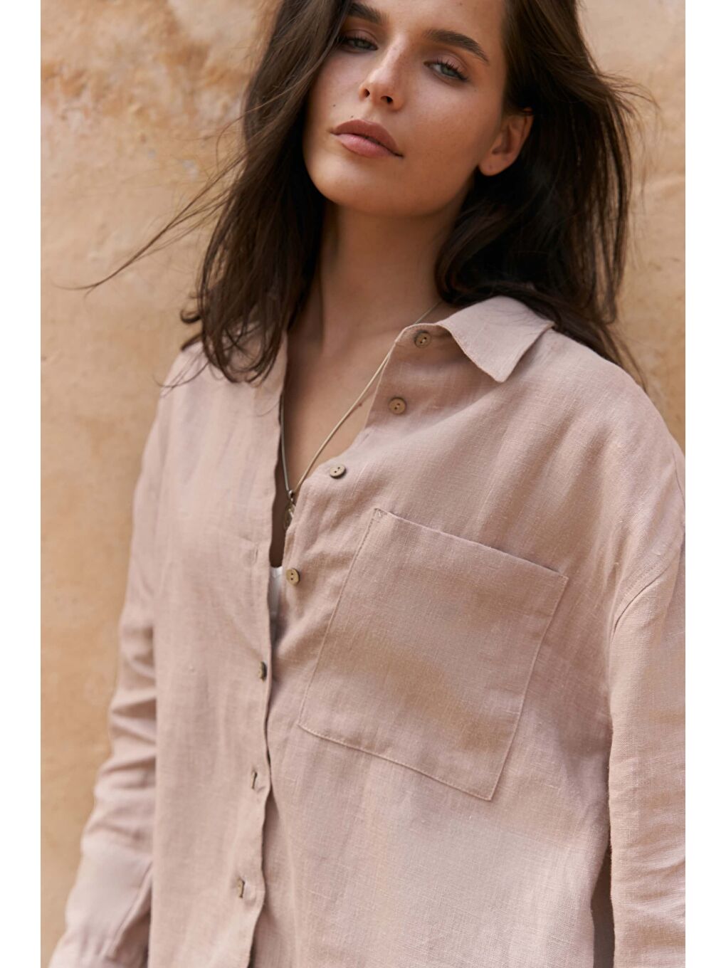 Bej Gaelil Oversize Vizon Keten Gömlek Şort Takım-1