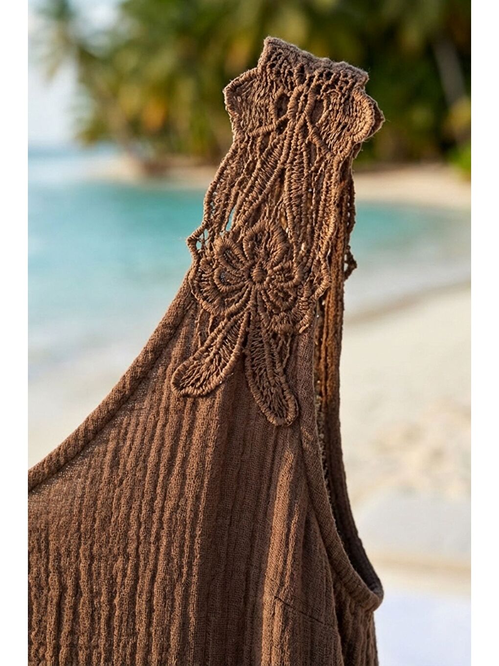 Kahverengi Havuz Yaka Kolsuz Dantelli Omuz Casual Müslin Dokuma Elbise 95 63-1