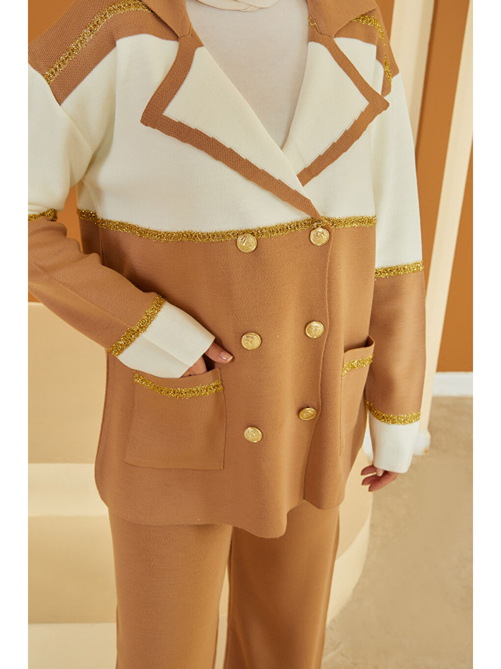 Kahverengi Sim Şeritli Detaylı Triko Takım Sütlü Kahve - 27655-4