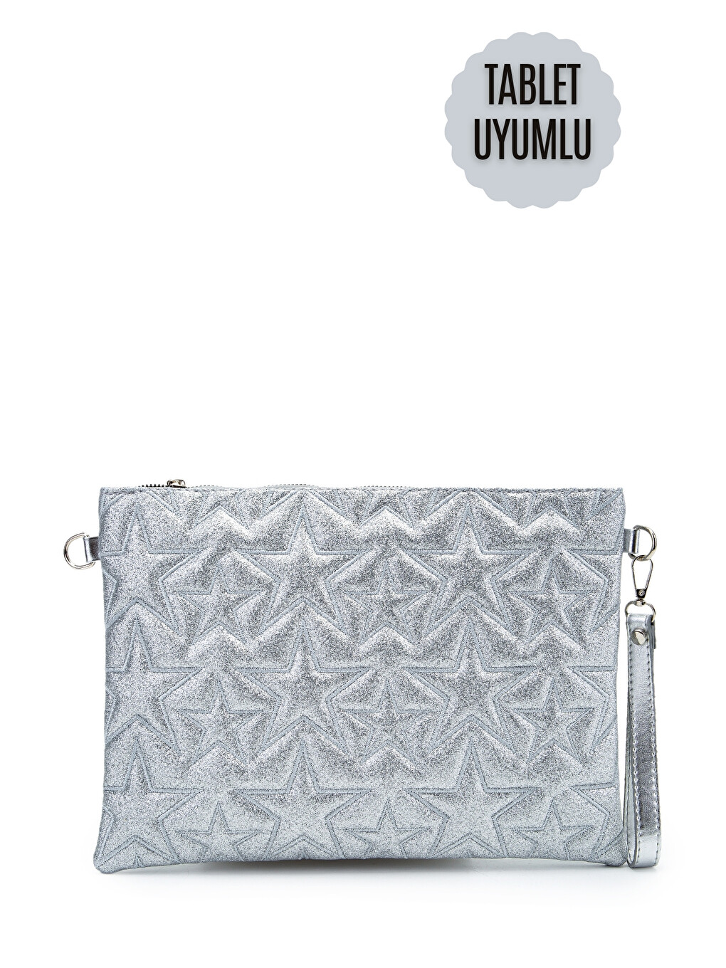 Gri Tablet Boy Dikişli Clutch Star Kadın Yıldız Çapraz Çanta Tbstar Simli Gümüş-1
