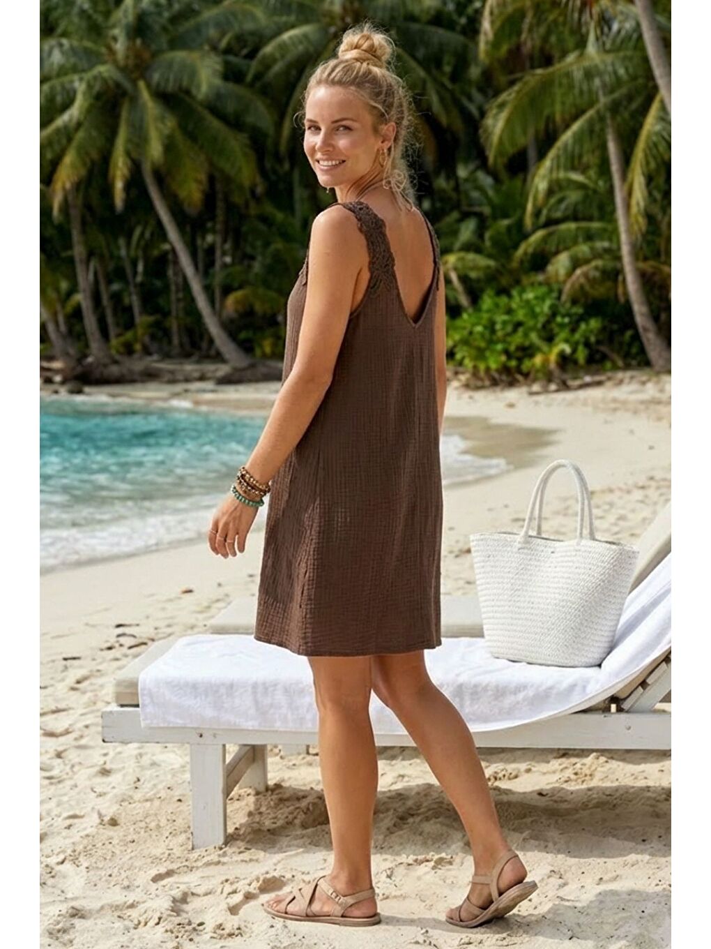 Kahverengi Havuz Yaka Kolsuz Dantelli Omuz Casual Müslin Dokuma Elbise 95 63-3