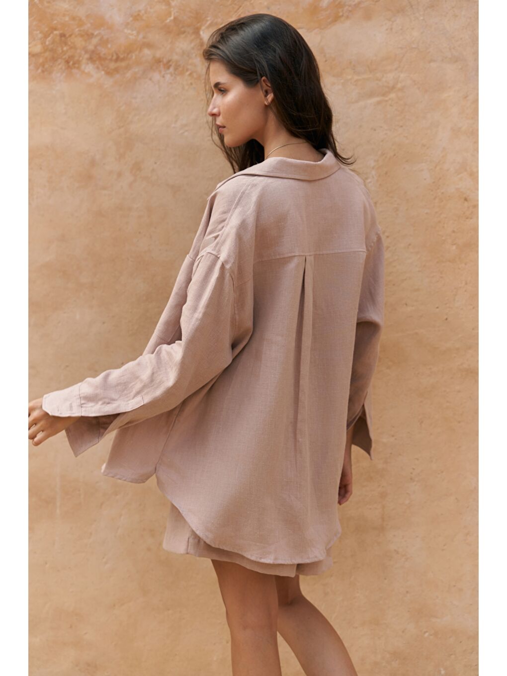 Bej Gaelil Oversize Vizon Keten Gömlek Şort Takım-3