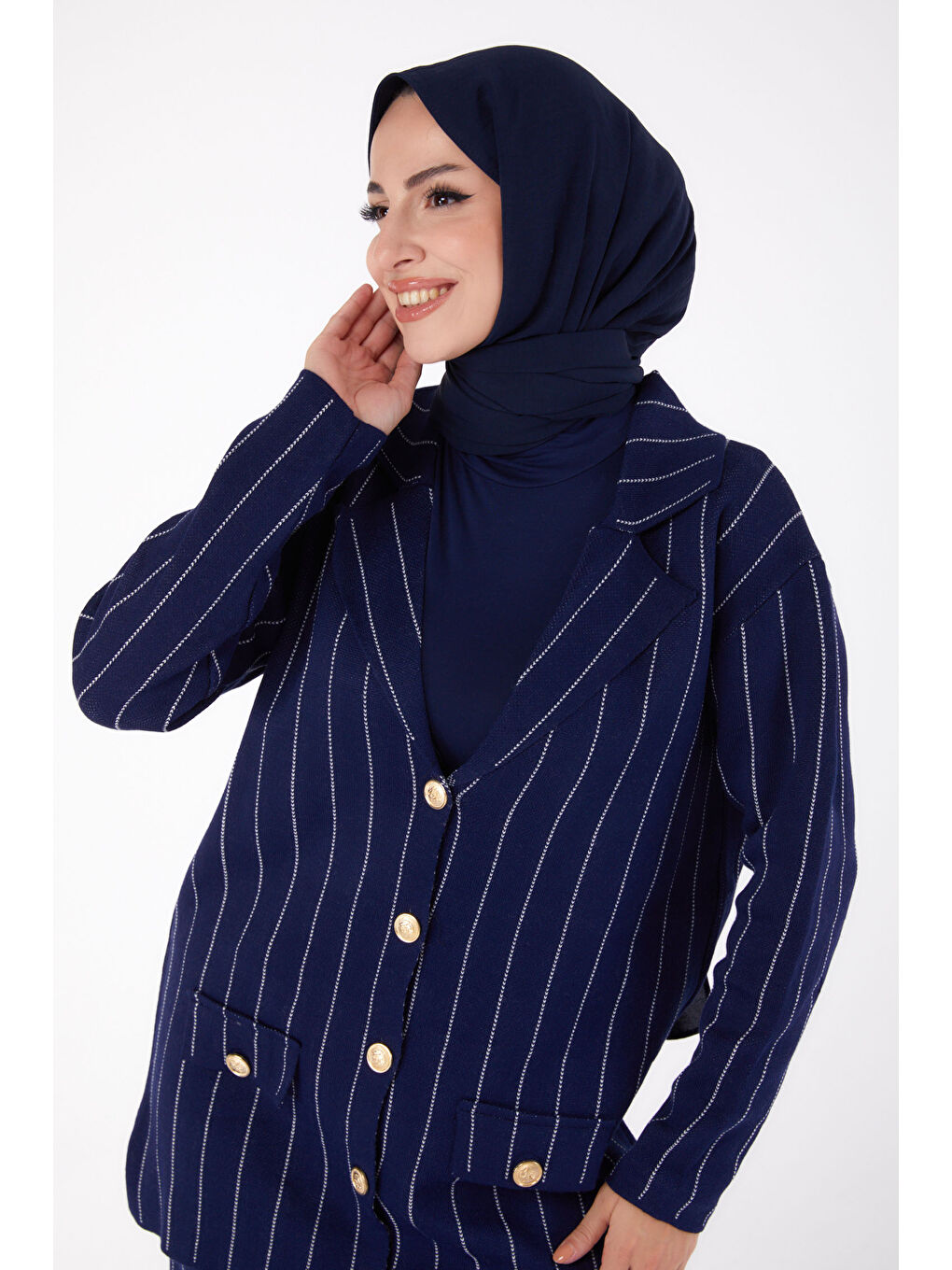 Düğmeli Çizgili Triko İkili Takım Lacivert - 27666-2