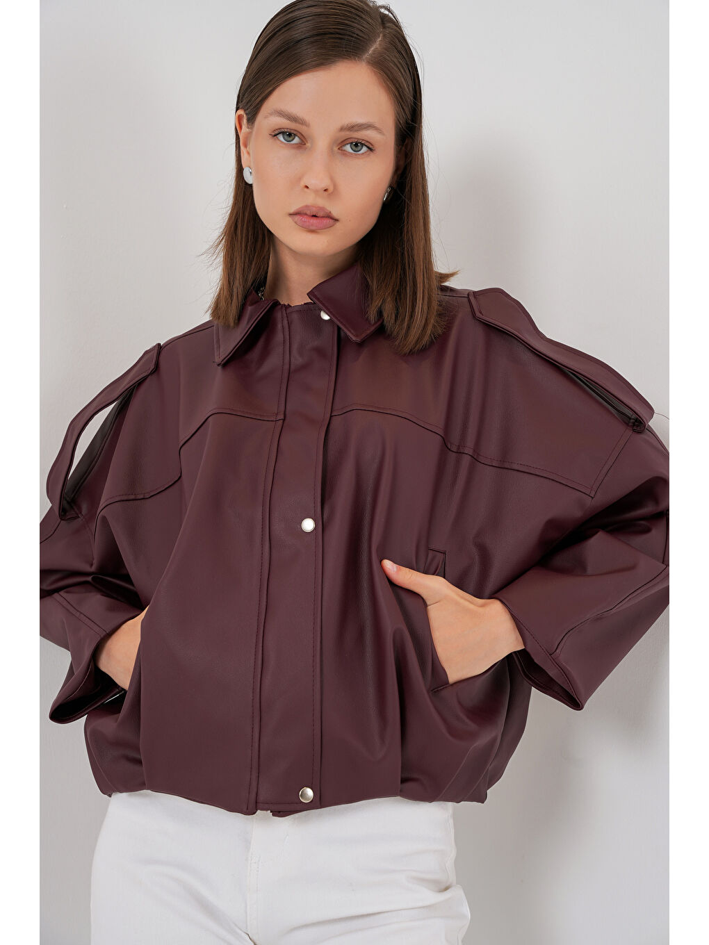 Kadın Oversize Deri Ceket 1055 - Bordo-4