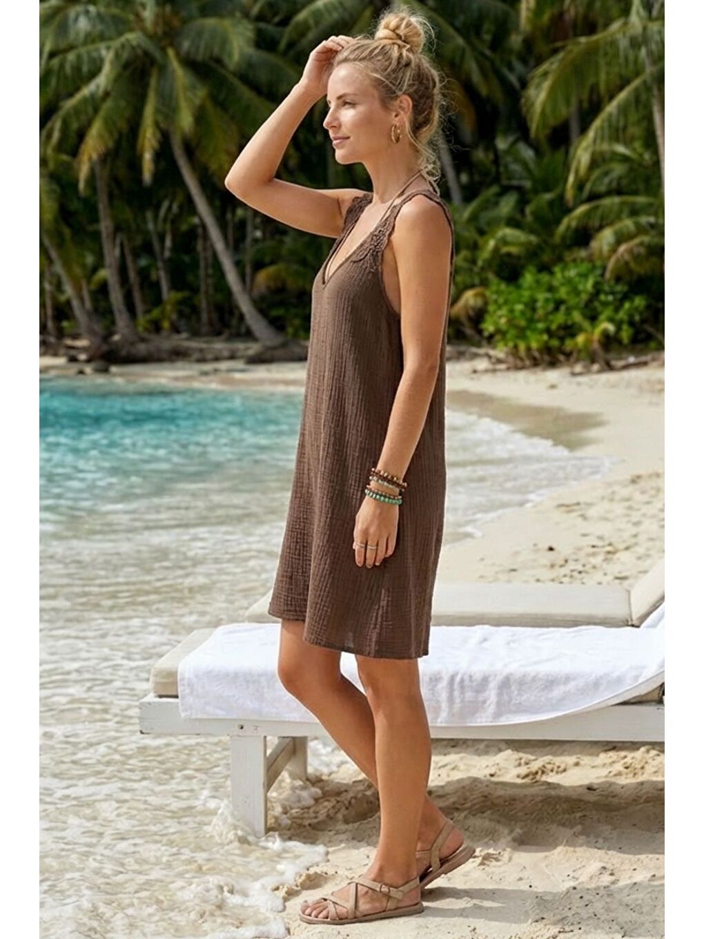 Kahverengi Havuz Yaka Kolsuz Dantelli Omuz Casual Müslin Dokuma Elbise 95 63-4